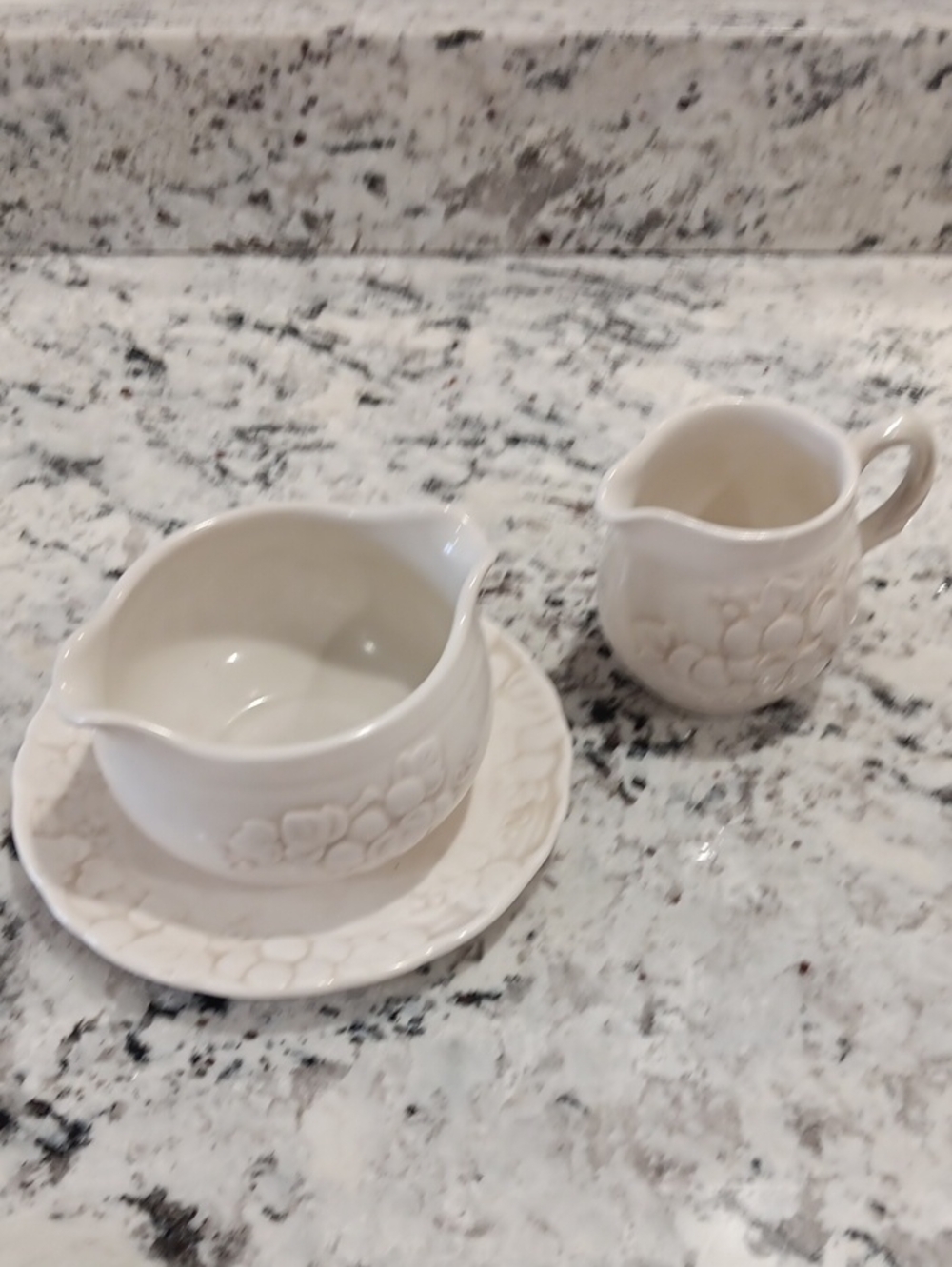 Vintage Cream Antique White Grape Pattern Creamer and Gravy Boat